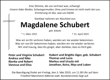 Traueranzeige von Magdalena Schubert von Mannheimer Morgen