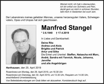 Traueranzeige von Manfred Stangel von Fränkische Nachrichten