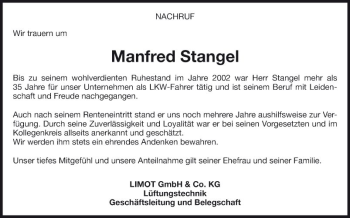 Traueranzeige von Manfred Stangel von Fränkische Nachrichten