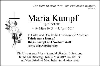 Traueranzeige von Maria Kumpf von Mannheimer Morgen