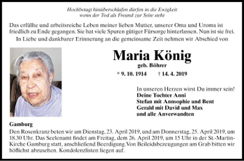 Traueranzeige von Maria König von Fränkische Nachrichten