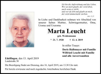 Traueranzeige von Maria Leucht von Fränkische Nachrichten