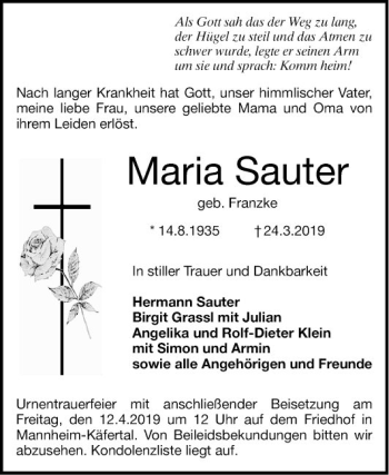 Traueranzeige von Maria Sauter von Mannheimer Morgen