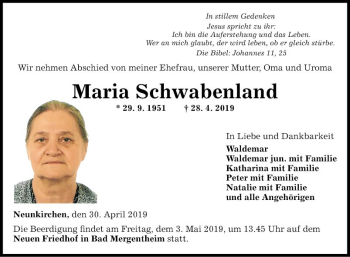 Traueranzeige von Maria Schwabenland von Fränkische Nachrichten