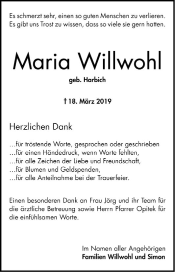 Traueranzeige von Maria Willwohl von Bergsträßer Anzeiger
