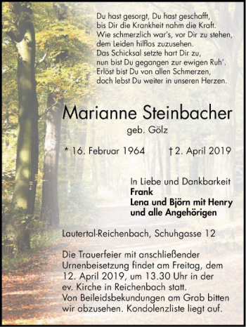 Traueranzeige von Marianne Steinbacher von Bergsträßer Anzeiger