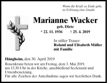 Traueranzeige von Marianne Wacker von Fränkische Nachrichten