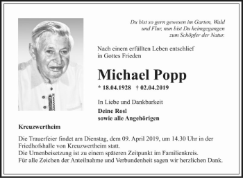 Traueranzeige von Michael Popp von Fränkische Nachrichten