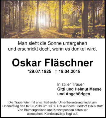 Traueranzeige von Oskar Fläschner von Südhessen Morgen