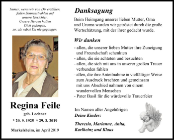 Traueranzeige von Regina Feile von Fränkische Nachrichten