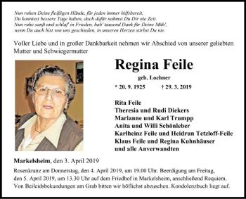 Traueranzeige von Regina Feile von Fränkische Nachrichten