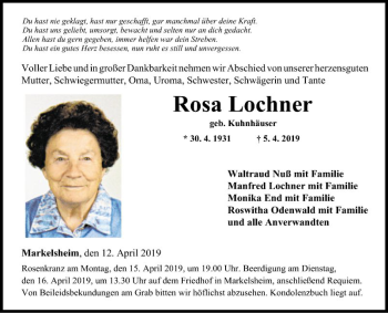 Traueranzeige von Rosa Lochner von Fränkische Nachrichten