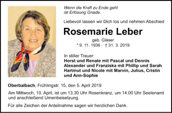 Traueranzeige von Rosemarie Leber von Fränkische Nachrichten