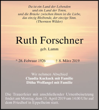 Traueranzeige von Ruth Forschner von Schwetzinger Zeitung