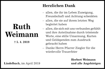 Traueranzeige von Ruth Weimann von Fränkische Nachrichten