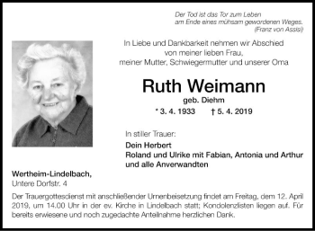 Traueranzeige von Ruth Weimann von Fränkische Nachrichten