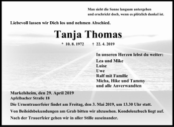 Traueranzeige von Tanja Thomas von Fränkische Nachrichten