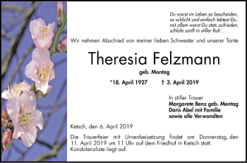 Traueranzeige von Theresia Felzmann von Schwetzinger Zeitung