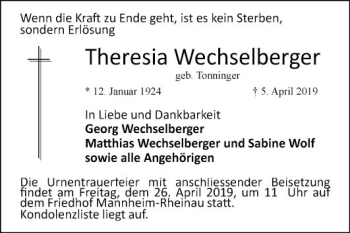 Traueranzeige von Theresia Wechselberger von Mannheimer Morgen