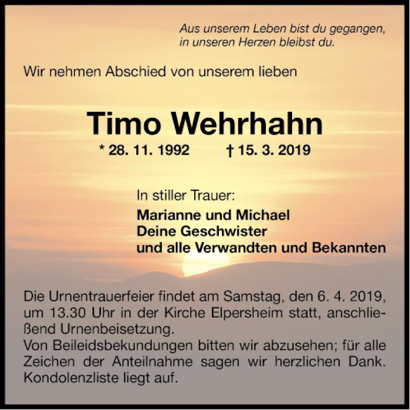  Traueranzeige für Timo Wehrhahn vom 02.04.2019 aus Fränkische Nachrichten