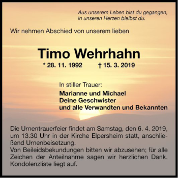 Traueranzeige von Timo Wehrhahn von Fränkische Nachrichten