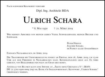 Traueranzeige von Ulrich Schara von Mannheimer Morgen