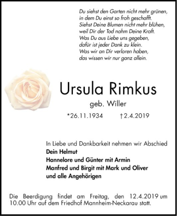 Traueranzeige von Ursula Rimkus von Mannheimer Morgen