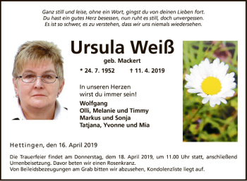 Traueranzeige von Ursula Weiß von Fränkische Nachrichten