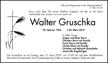 Traueranzeige von Walter Gruschka von Mannheimer Morgen