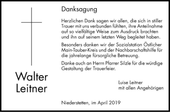 Traueranzeige von Walter Leitner von Fränkische Nachrichten