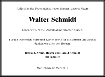 Traueranzeige von Walter Schmidt von Mannheimer Morgen