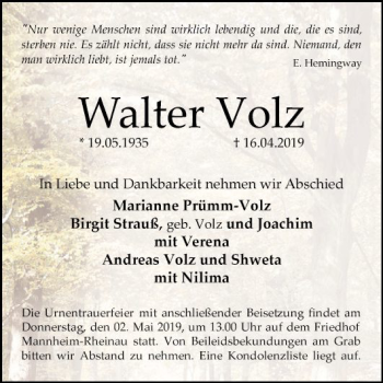 Traueranzeige von Walter Volz von Mannheimer Morgen