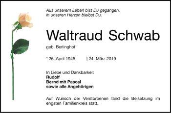 Traueranzeige von Waltraud Schwab von Schwetzinger Zeitung