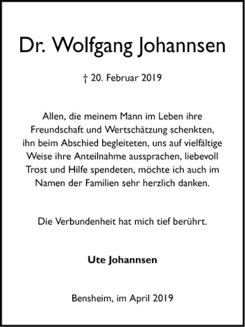 Traueranzeige von Wolfgang Johannsen von Bergsträßer Anzeiger