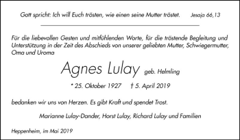 Traueranzeige von Agnes Lulay von Bergsträßer Anzeiger