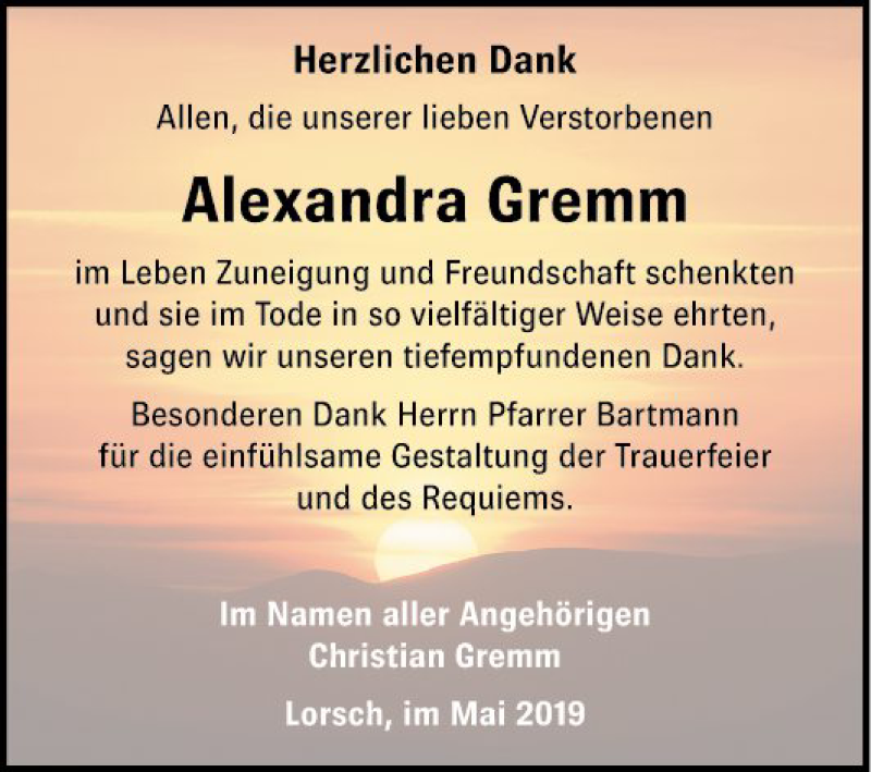  Traueranzeige für Alexandra Gremm vom 11.05.2019 aus Bergsträßer Anzeiger