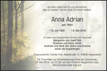 Traueranzeige von Anna Adrian von Bergsträßer Anzeiger