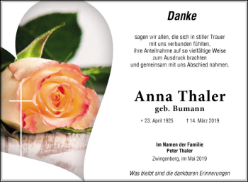 Traueranzeige von Anna Thaler von Bergsträßer Anzeiger