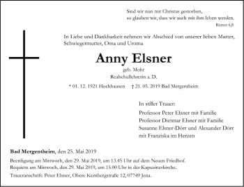 Traueranzeige von Anny Elsner von Fränkische Nachrichten