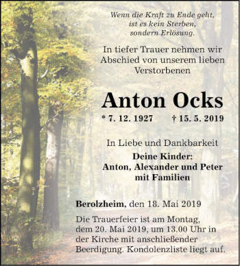 Traueranzeige von Anton Ocks von Fränkische Nachrichten