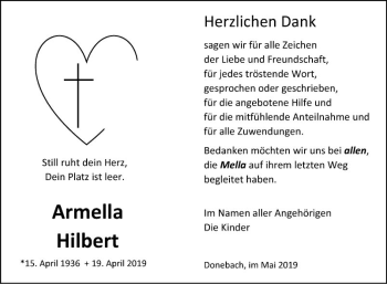 Traueranzeige von Armella Hilbert von Fränkische Nachrichten