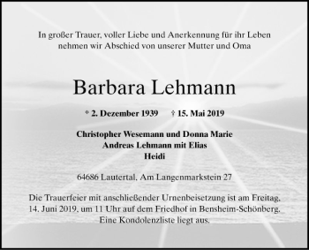 Traueranzeige von Barbara Lehmann von Bergsträßer Anzeiger