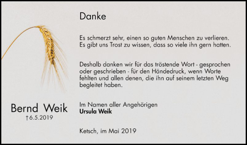  Traueranzeige für Bernd Weik vom 25.05.2019 aus Schwetzinger Zeitung