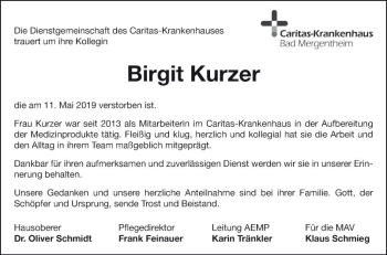 Traueranzeige von Birgit Kurzer von Fränkische Nachrichten