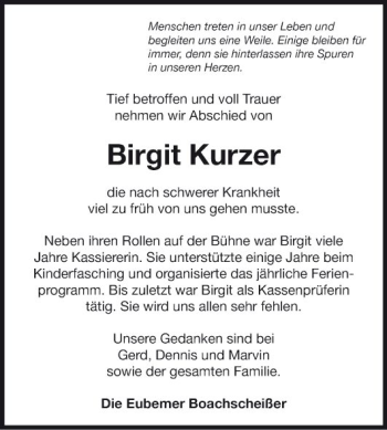 Traueranzeige von Birgit Kurzer von Fränkische Nachrichten