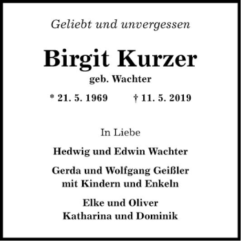 Traueranzeige von Birgit Kurzer von Fränkische Nachrichten