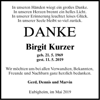 Traueranzeige von Birgit Kurzer von Fränkische Nachrichten