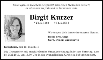 Traueranzeige von Birgit Kurzer von Fränkische Nachrichten