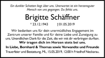 Traueranzeige von Brigitte Schäffner von Mannheimer Morgen