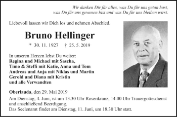 Traueranzeige von Bruno Hellinger von Fränkische Nachrichten